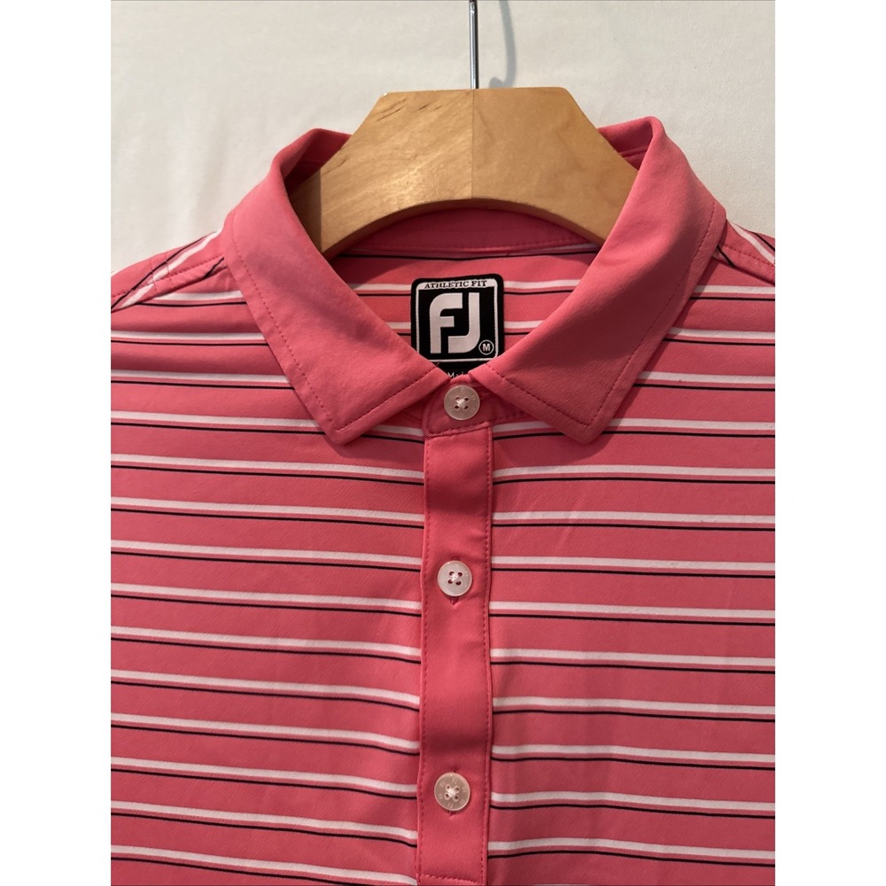 Footjoy Polo Shirt Mens M PINK/BLUE STRIPE SS Golf Performance ATHLETIC FIT